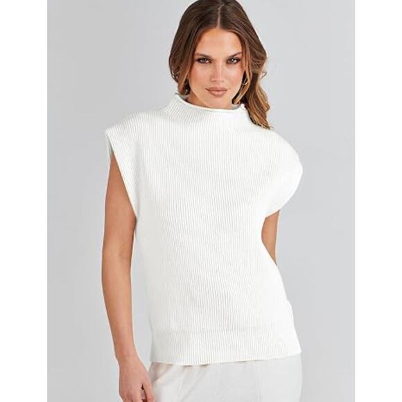 Caracilia White Knit Sleeveless Sweater, Layering Vest, Ribbed Mock Neck Top XL - Picture 8 of 8
